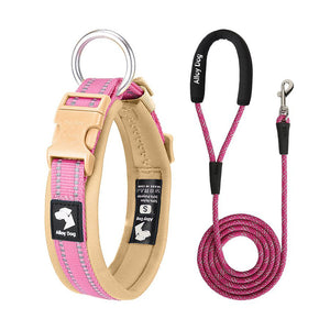 Candy Pink and Beige reflective padded dog collar with matching rope leash and foam handle