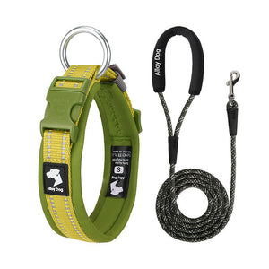 Lemon Yellow and Sage Green reflective padded dog collar with matching rope leash and foam handle