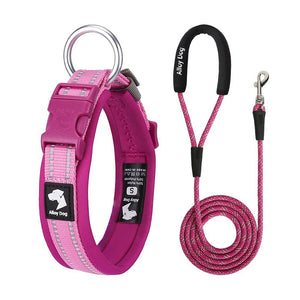 Raspberry Pink and Candy Pink reflective padded dog collar with matching rope leash and foam handle