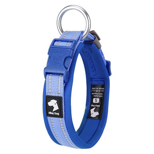 Reflective padded dog collar in Midnight Navy and Ice Blue with neoprene lining and dual reflective strips