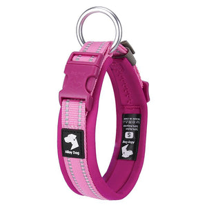 Reflective padded dog collar in Raspberry Pink and Candy Pink with neoprene lining and dual reflective strips