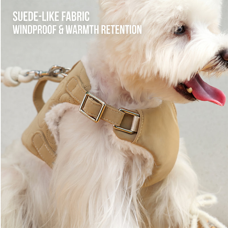 Suede Dog Harness Vest | 2-in-1 Walking Harness with Warm Fleece Lining & Handle Grip