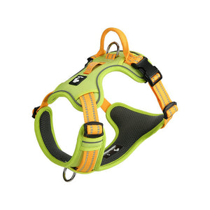 Adjustable reflective dog harness in Lime Green / Orange with front and back D-rings and top handle