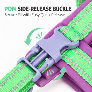 Close-up of the POM side-release buckle on the padded dog harness for quick on and off