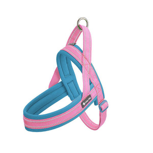 Reflective padded dog harness in Aqua Blue / Candy Pink with back leash ring and control handle