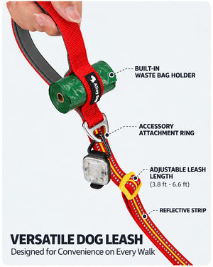 Adjustable red reflective dog leash with built-in waste bag holder, accessory attachment ring and metal snap hook.