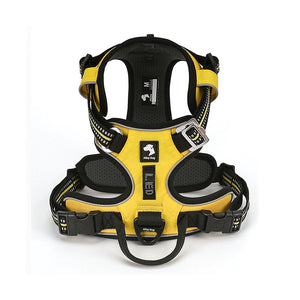 Black / Yellow adjustable dog harness with breathable mesh padding, reflective straps and front leash attachment ring.