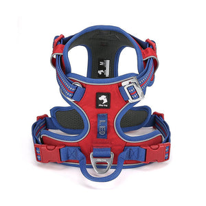 Royal Blue / Red padded dog harness with adjustable straps, reflective trim and front leash attachment ring.