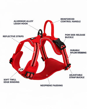 Red reflective dog harness featuring an aluminum alloy leash hook, reinforced control handle, POM side-release buckle, durable nylon webbing and neoprene padding