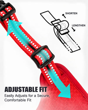 Close-up of the adjustable dog harness strap and buckle showing how to shorten or lengthen the fit