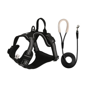 Black reflective dog harness and matching leash set with padded chest panel and adjustable straps