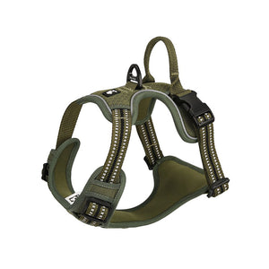 Army green reflective dog harness with neoprene padding, adjustable straps and reinforced control handle