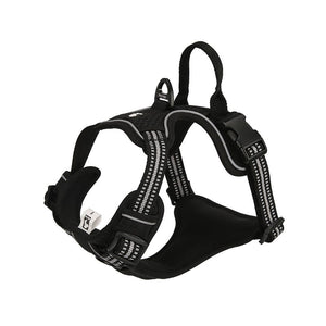 Black reflective dog harness with padded chest panel, adjustable straps and reinforced control handle