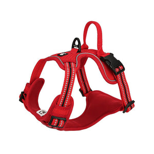 Red reflective dog harness with padded chest panel, adjustable straps and reinforced control handle