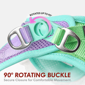 Close-up of the round rotating buckle on a mint, lavender, and green mesh dog harness, with an arrow illustrating its 90-degree rotation.