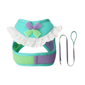 Mint turquoise and lavender mesh dog harness and matching leash set with a white lace ruffle and decorative bow.