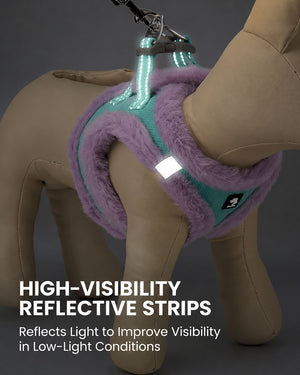 Close-up of high-visibility reflective strips on a Mint Turquoise and Lilac dog harness, designed to improve visibility in low-light conditions.