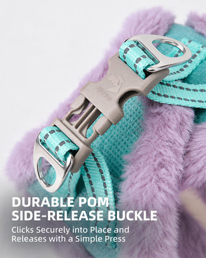 Close-up of the durable POM back-mounted buckle on a Mint Turquoise and Lilac plush dog harness.
