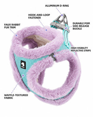 Mint Turquoise and Lilac plush dog harness feature diagram highlighting faux rabbit fur trim, waffle-textured fabric, reflective strips, hook-and-loop fastener, aluminum D-ring and POM buckle.