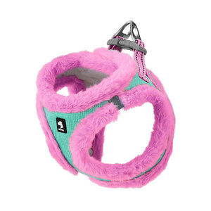 Mint Turquoise and Bubblegum Pink faux fur dog harness with waffle-textured fabric and an aluminum D-ring on a white background.