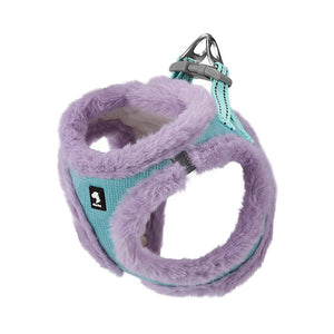 Mint Turquoise and Lilac faux fur dog harness with waffle-textured fabric, reflective details and an aluminum D-ring on a white background.