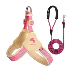 Candy Pink and Beige mesh dog harness set with a matching braided nylon rope leash and padded handle.
