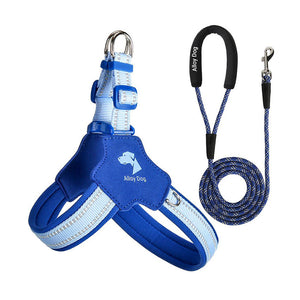 Midnight Navy and Ice Blue mesh dog harness set with a matching braided nylon rope leash and padded handle.