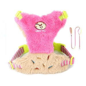 Hot Pink and Beige plush vest dog harness with matching striped leash and embroidered accent