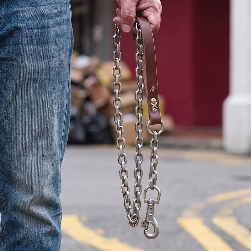 Heavy Duty Stainless Steel Chain Dog Leash with Premium Leather Handle