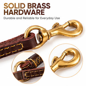 Solid brass snap hook and ring hardware on a brown leather traffic dog leash, shown in detail insets