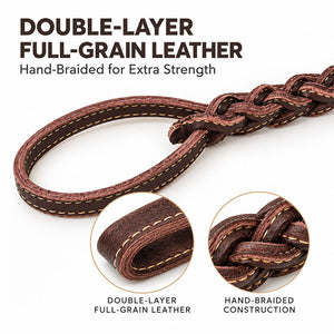 Close-up of double-layer full-grain leather and hand-braided construction on a brown dog leash handle