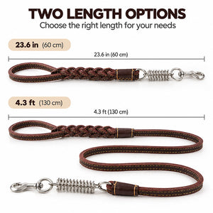 Leather dog leash with spring shown in two lengths, 23.6 in (60 cm) and 4.3 ft (1.3 m), with measurement lines
