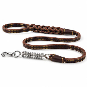 4.3 ft (1.3 m) brown full-grain leather dog leash with braided handle, spring and swivel snap hook
