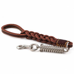 Short 23.6 in (60 cm) brown full-grain leather dog leash with braided section and shock-absorbing spring