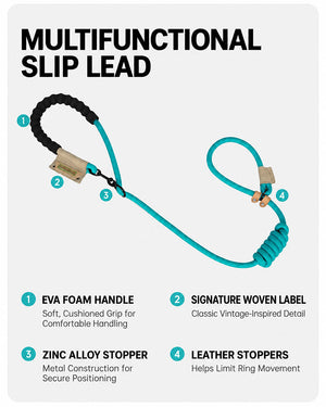 Multifunctional slip lead with EVA foam handle, metal clip, woven label and leather stoppers