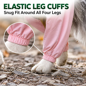 Close-up of the elastic leg cuffs on the dog raincoat fitting snugly around the paws