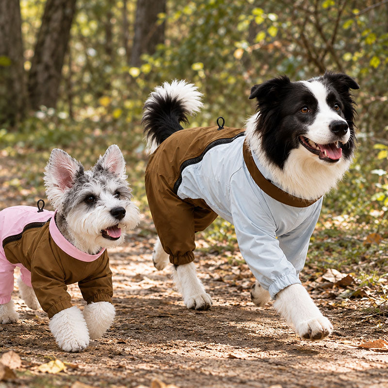 Schnauzer in Pink / Brown and Border Collie in Brown / Ice Blue wearing the fleece-lined dog raincoat on an autumn trail