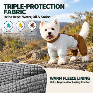 West Highland Terrier wearing the Brown / Ice Blue fleece-lined dog raincoat outdoors, with a close-up of the warm fleece lining