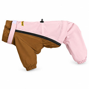 Fleece-lined convertible 4-leg dog raincoat in Pink / Brown with zipper closure and elastic leg cuffs