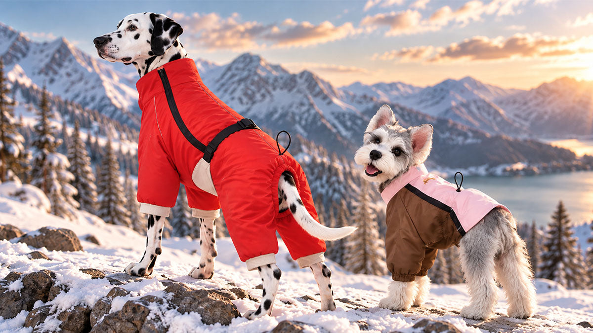 Dog wearing a convertible 4-leg waterproof raincoat on a wet outdoor walk