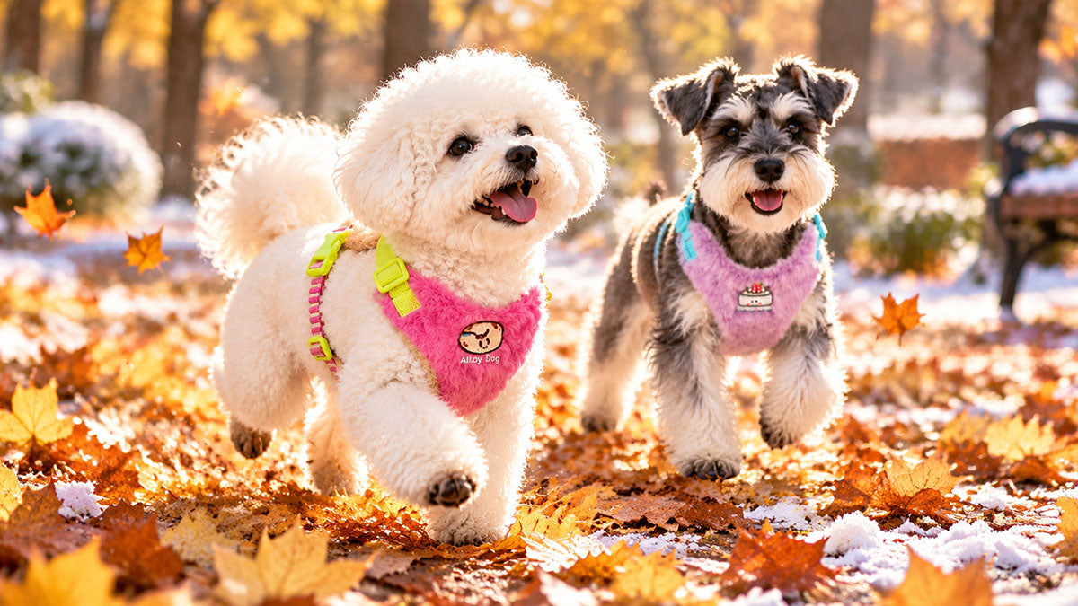 Small dog in a plush vest harness on a cool-weather walk