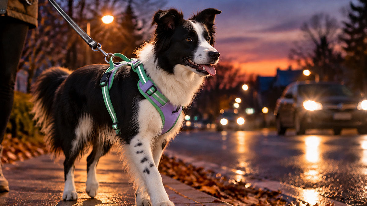 Dog wearing a reflective walking harness on a low-light evening walk