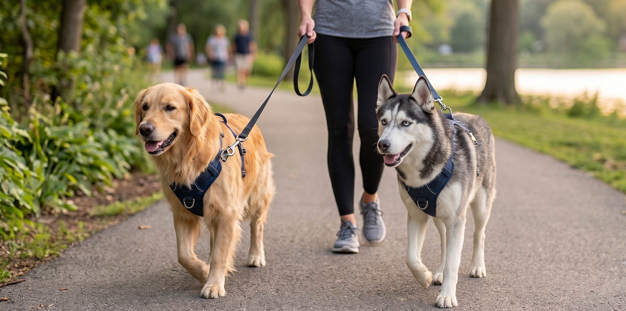 Dogs wearing harnesses with front and back clip attachment points for walking