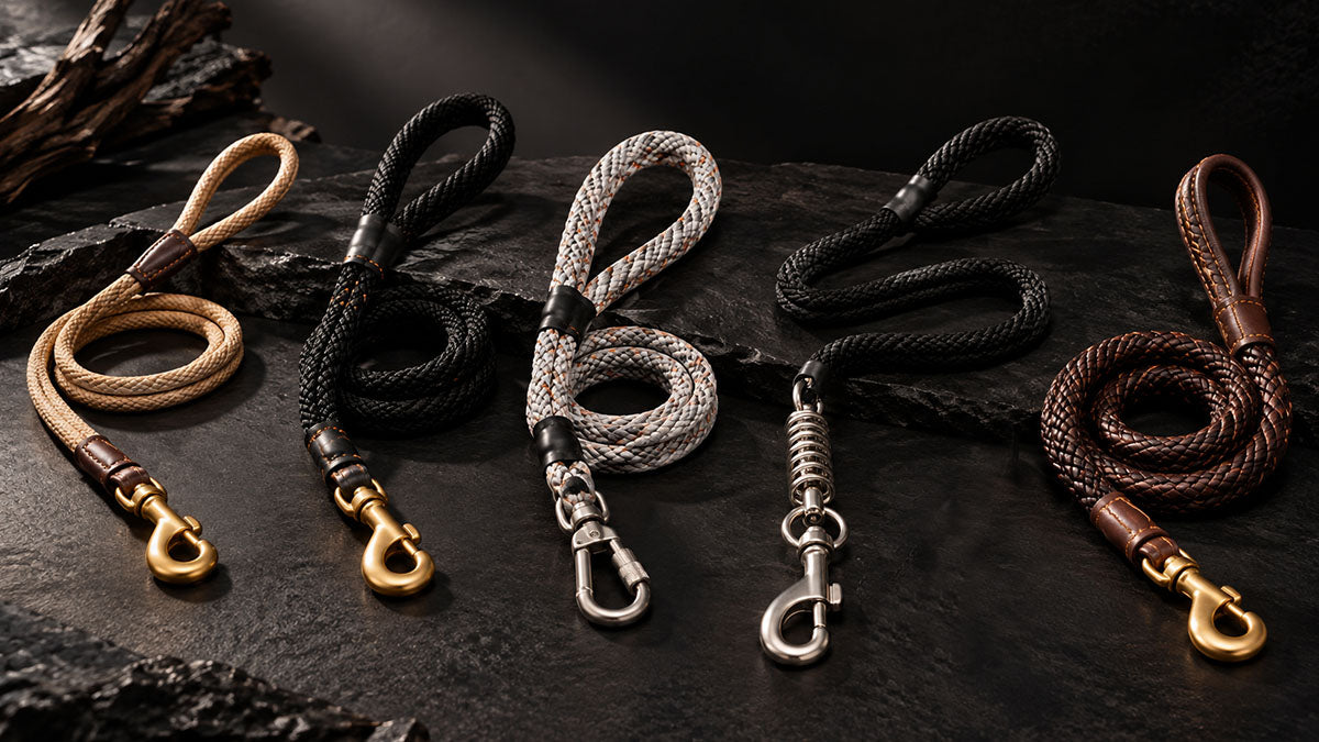 Braided rope dog leashes in several diameters from slim to thick, laid side by side