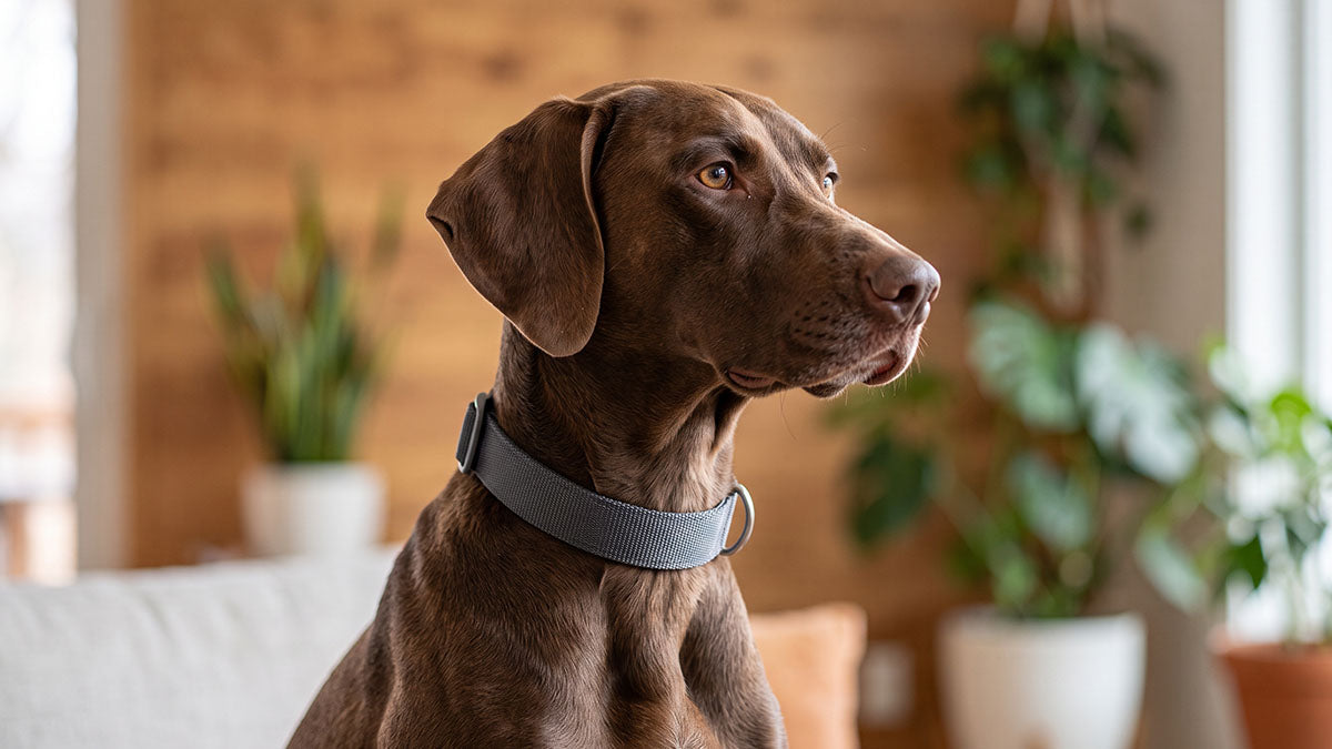 Owner using the two-finger rule to check how tight a dog collar should be for everyday wear