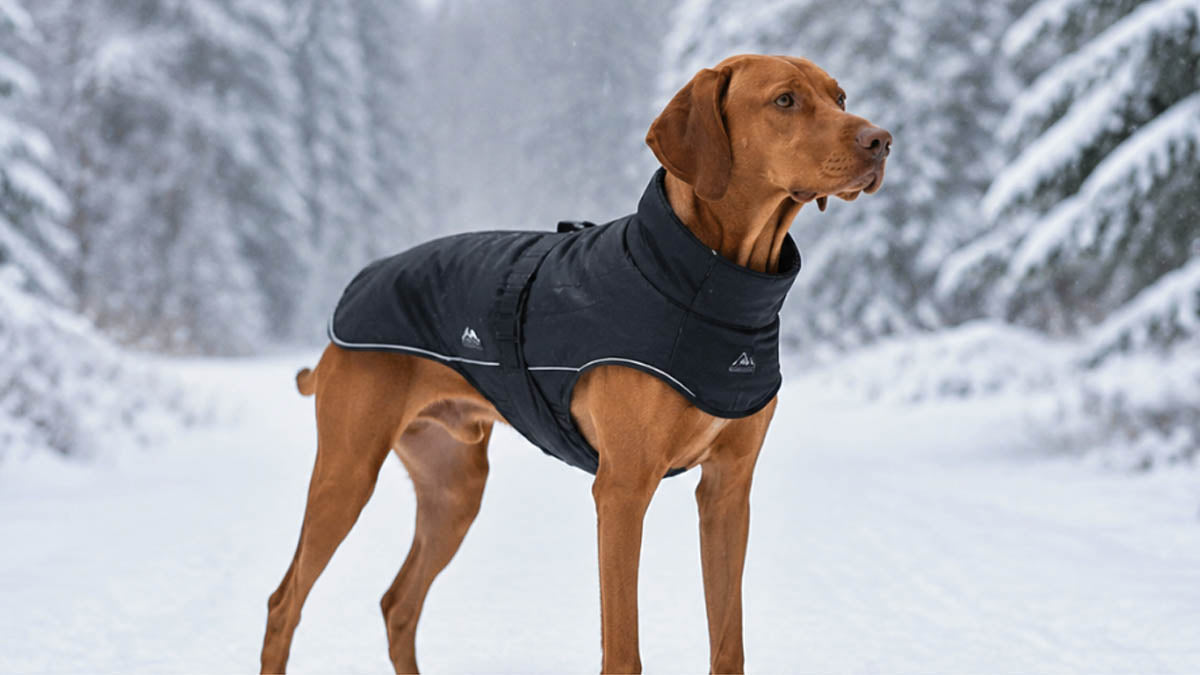 Dog wearing a warm winter coat during a cold weather walk