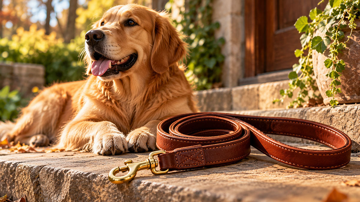 Full-grain leather dog leash with brass snap hook, soft cloth, and leather conditioner