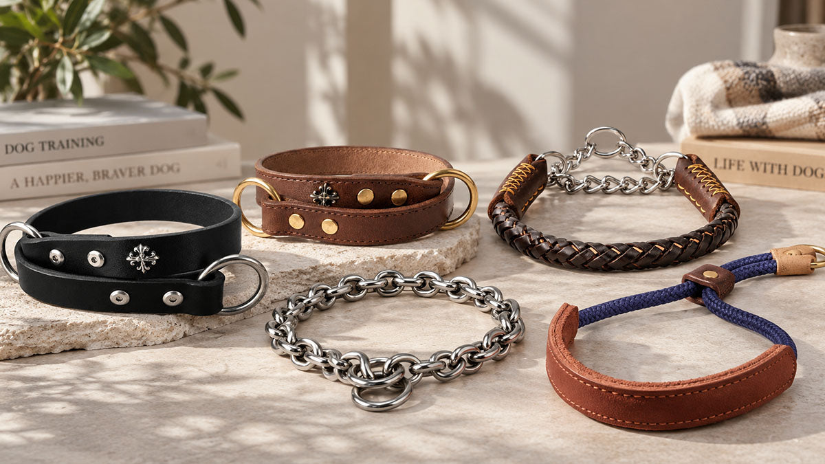Braided leather limited-slip chain collar beside an adjustable rope slip collar for supervised handling