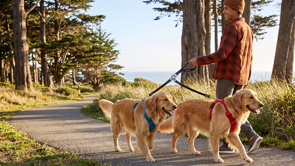 Owner walking two dogs on a no-tangle double dog leash with harnesses for safer multi-dog control