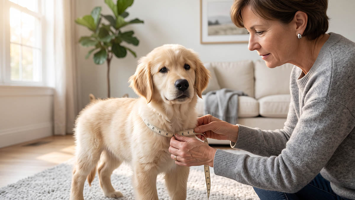 Owner checking a growing puppy’s collar and harness fit to prevent tightness during skeletal development
